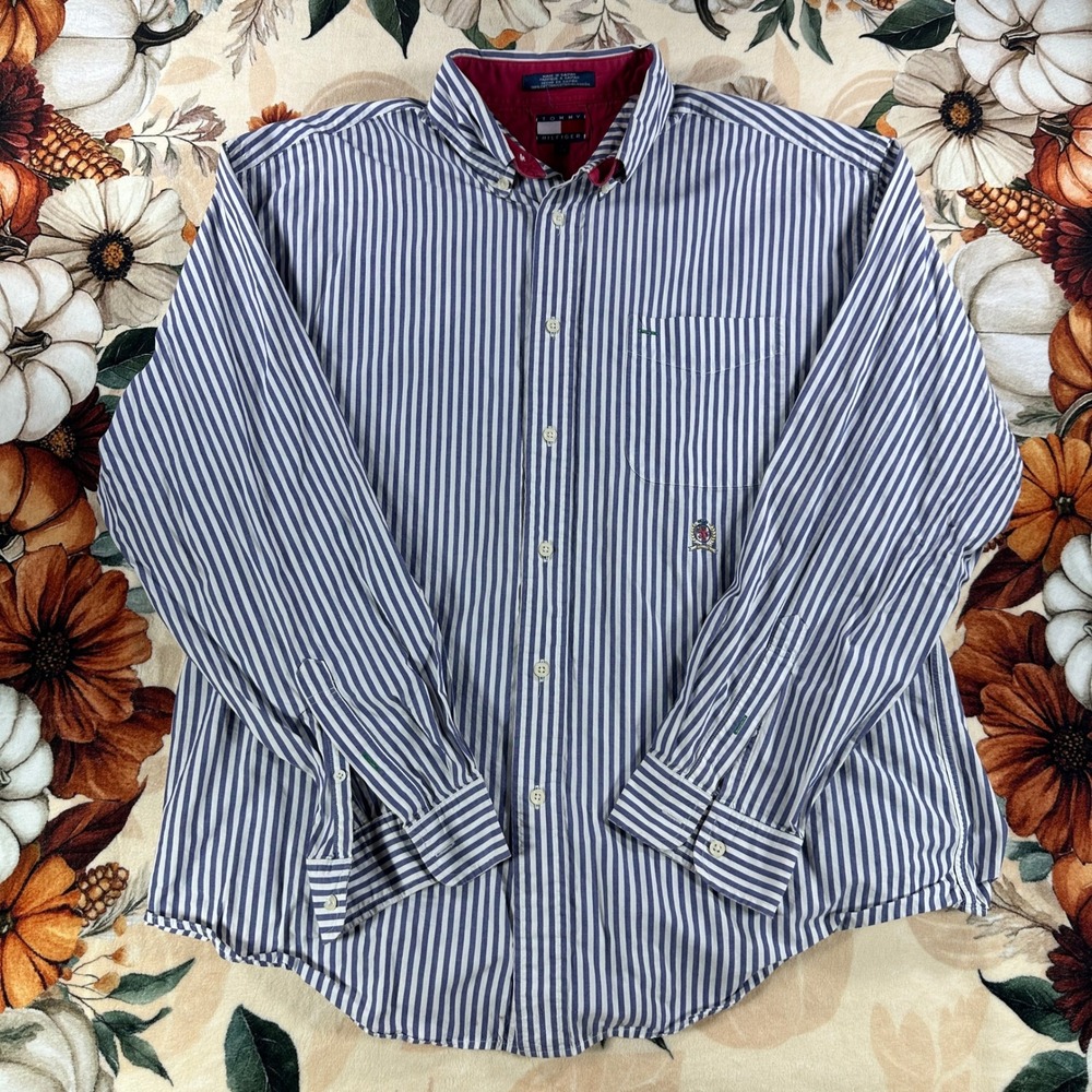 Vintage 90s Tommy Hilfiger Crest Striped Button Down Shirt Navy White Large